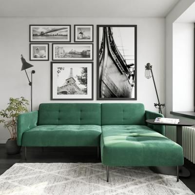 Monaco диван-кровать с шезлонгом, с подлокотниками, бархат зеленый 19