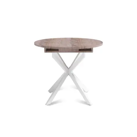 Стол круглый раздвижной Твист (90+30) дуб эндгрейн / опоры белые