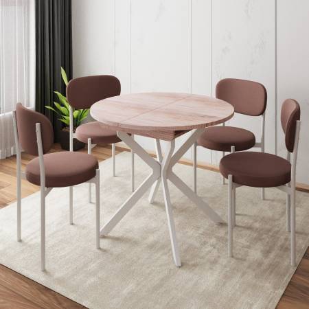 Стол круглый раздвижной Твист (90+30) дуб эндгрейн / опоры белые