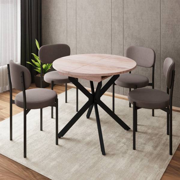 Стол круглый раздвижной Твист (90+30) дуб эндгрейн / опоры черные