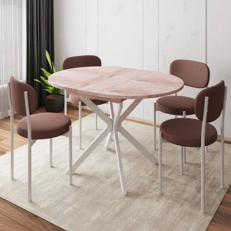 Стол круглый раздвижной Твист (90+30) дуб эндгрейн / опоры белые