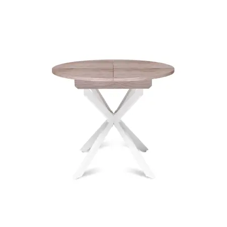 Стол круглый раздвижной Твист (90+30) дуб эндгрейн / опоры белые